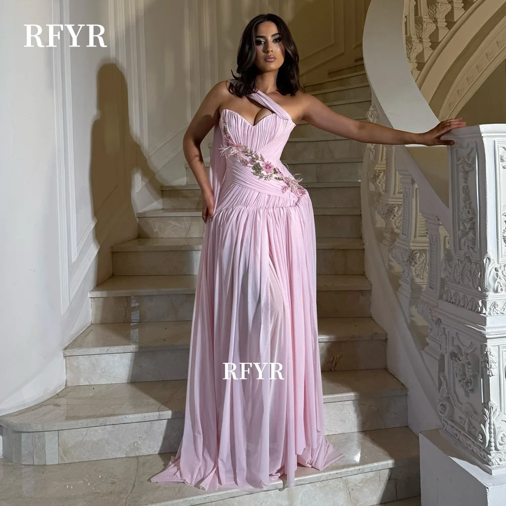 RFYR Pink Prom Dress with Flowers A Line Party Dress with Pleats Sweetheart Evening Dress for Women vestido de fiesta Customized