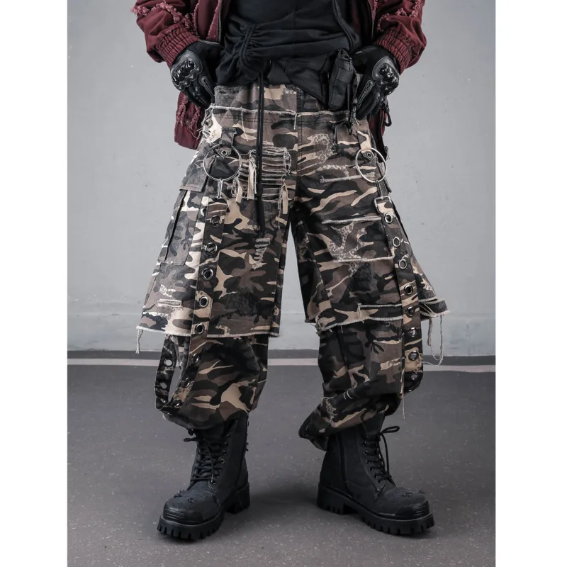 HKSH Unique American Heavy Safari Style Ribbons Metal Rings Faux Two-Piece Ripped Wide-Leg Streetwear Dance Cargo Pants HK26987 view 2