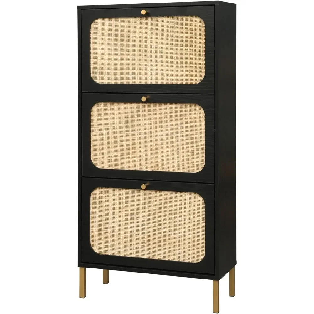 Natural Rattan Shoe Cabinet with 3 Flip Drawers, Black 3-Tier Shoe Rack Storage Cabinet for Heels, Boots, Slippers