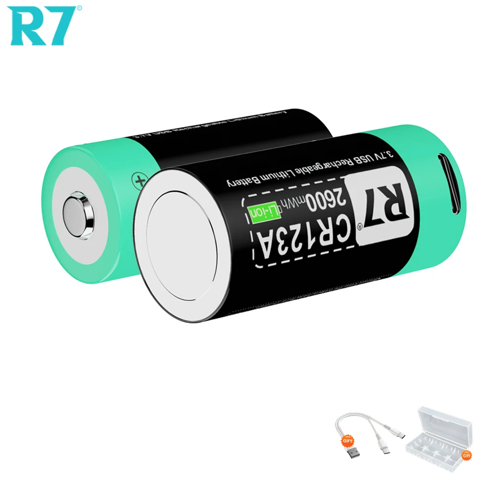 R7 CR123A Battery 2600mWh 3.7V Rechargeable Li-ion 16340 Batteries For LED Flashlight 16350 RCR123 Battery+USB Type-C Cable