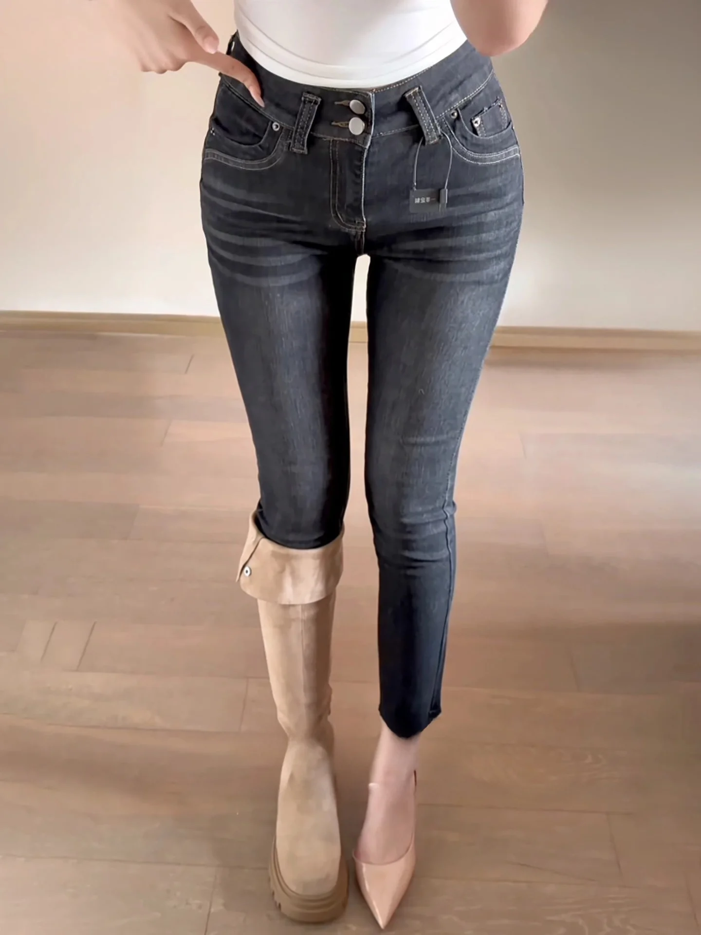 

Эластичные хлопковые джинсовые брюки с высокой талией в стиле ретро, женские облегающие брюки-скинни с зауженными штанинами, универсальные для осени