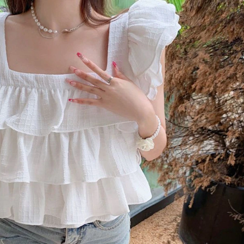 Flying Sleeve Blouses Women Ruffles Sweet Students Princess Loose Fashion Popular Korean Style Temperament Tender Square Collar