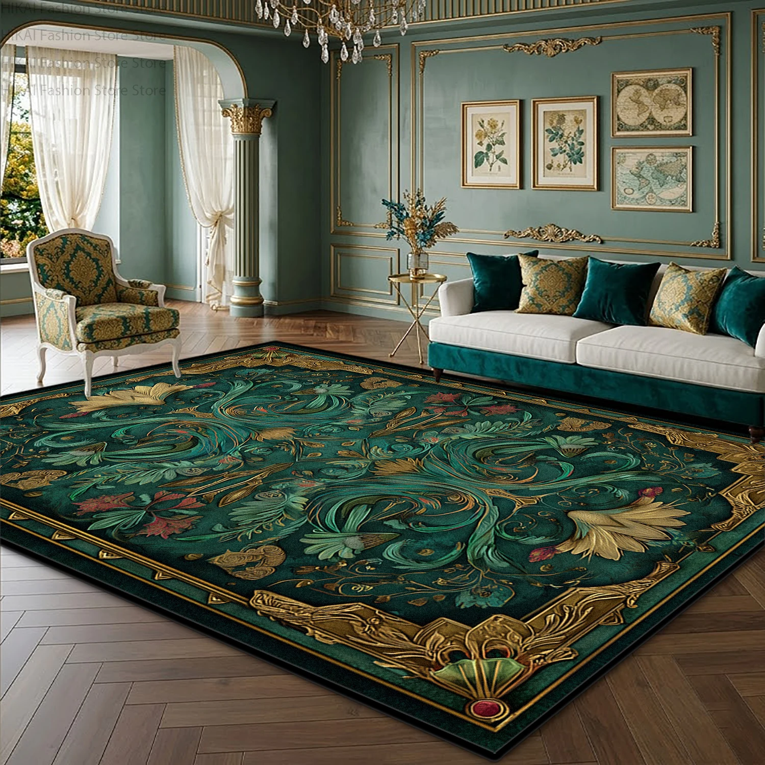 French Green Vintage Rococo Living Room Carpet Large Area Easy Clean Short Velvet Floor Mats Home Decoration Luxury Antiskid Rug
