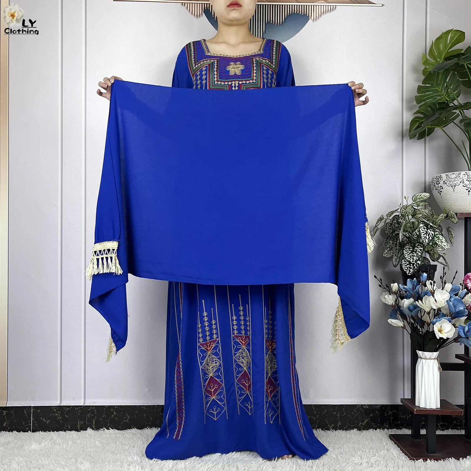 Latest Dubai Summer Abaya Woman Short Sleeve Loose Embroidery Dress Cotton Muslim Maxi Femme Dress With Scarf African Islam Robe