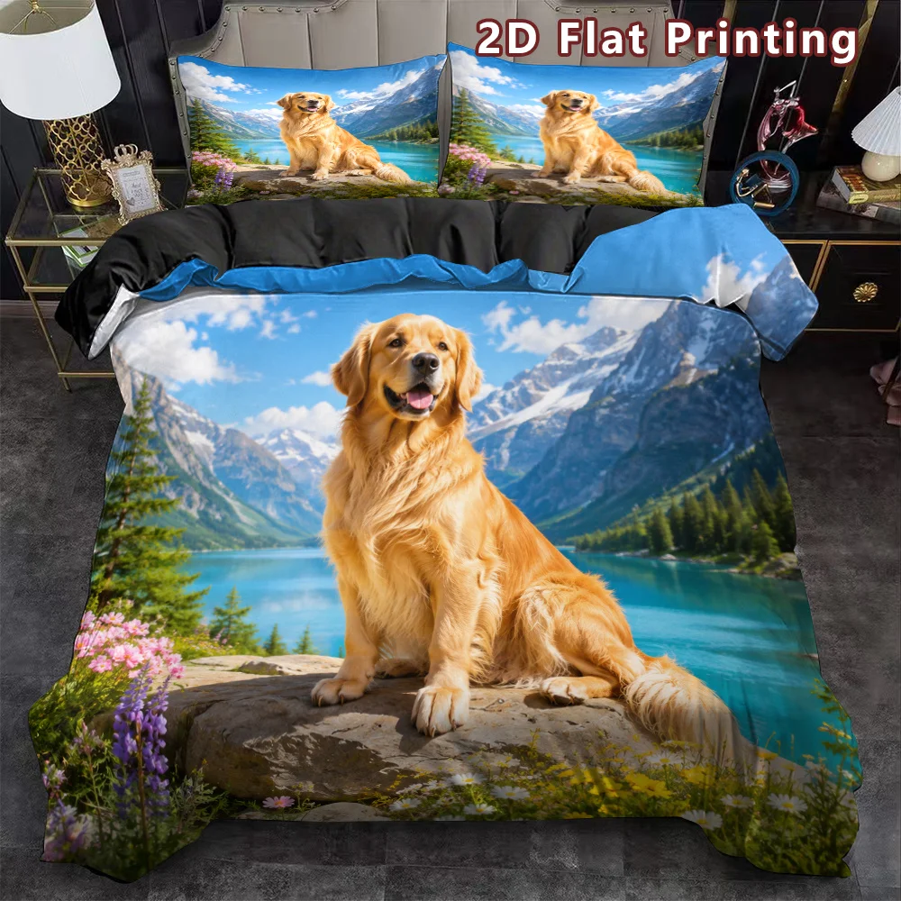 Kawaii Golden Retriever Duvet Cover Set, Cute Pet Puppy Dog Print Bedding Set for Girls Dog Lover Twin Full King Comforter Cover