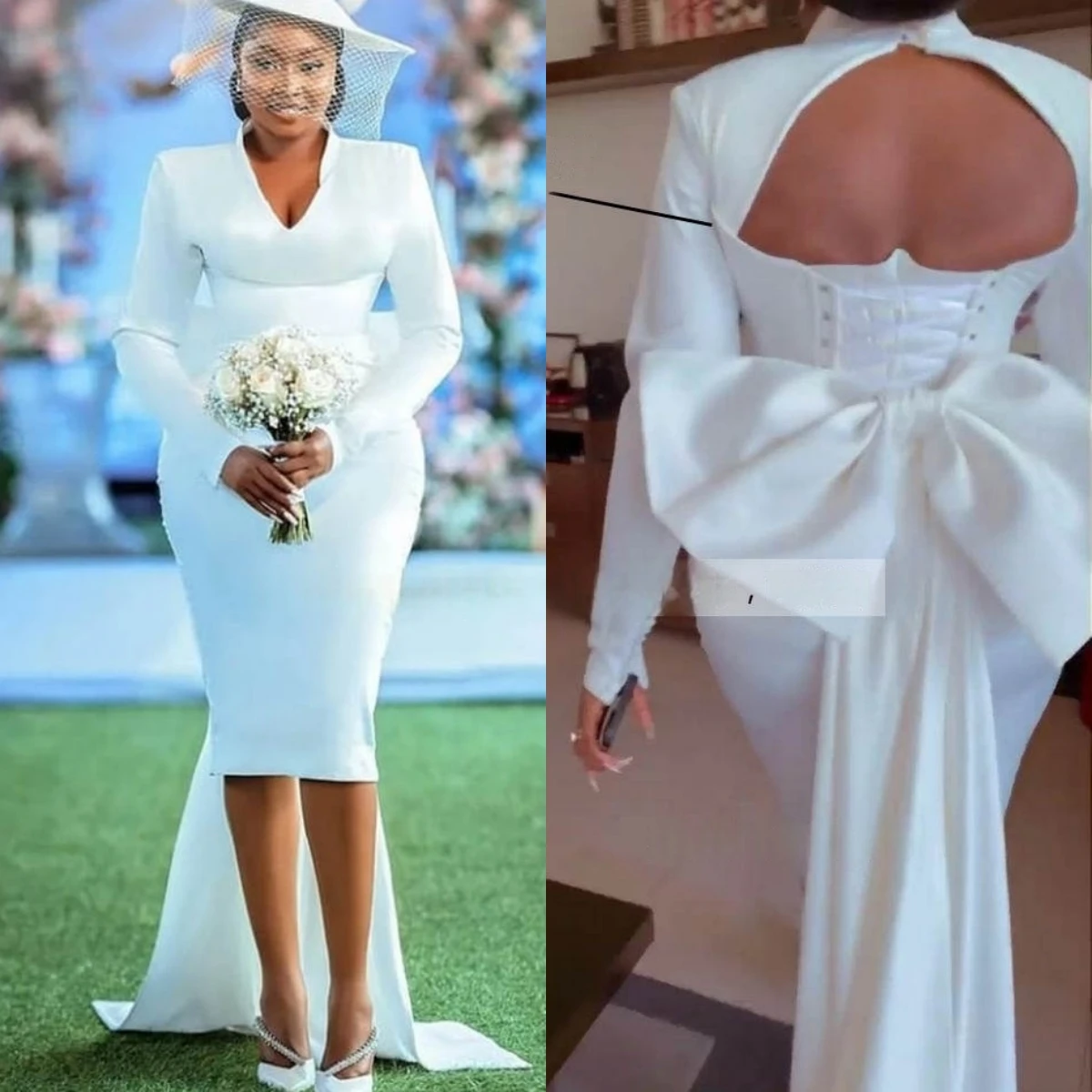 

Customized Delicate Satin Luxury Wedding Dress V-neck Charming Bow Formal Long Sleeves High Quality Bridal Party Bridal Gowns