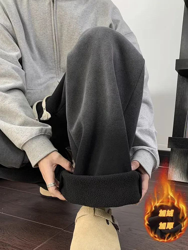 American Sle Thiened Waed Bend Knife Men's Winter Fce Lined Pants Cleanfit Loose Wide Leg Sports Trousers
