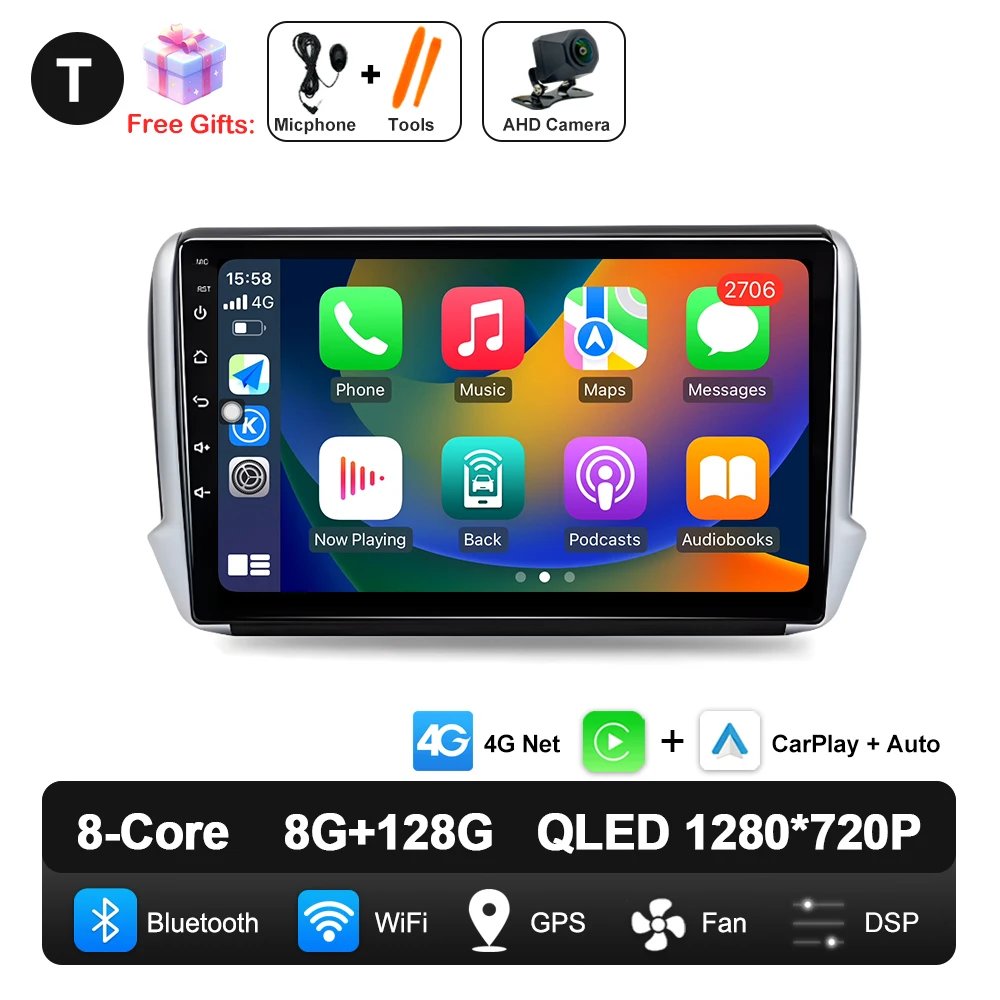 Android 16 Navigatie Multimedia Speler Carplay Auto Stereo BT video Autoradio voor Peugeot 2008 208 Serie 2012 2013 2014 - 2018