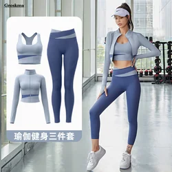 Frauen Yoga Patchwork 3 Stück Set Fitness Gym Mäntel + Bh + Leggings Workout Laufsport Kleidung Trainingsanzug Ensemble Femme