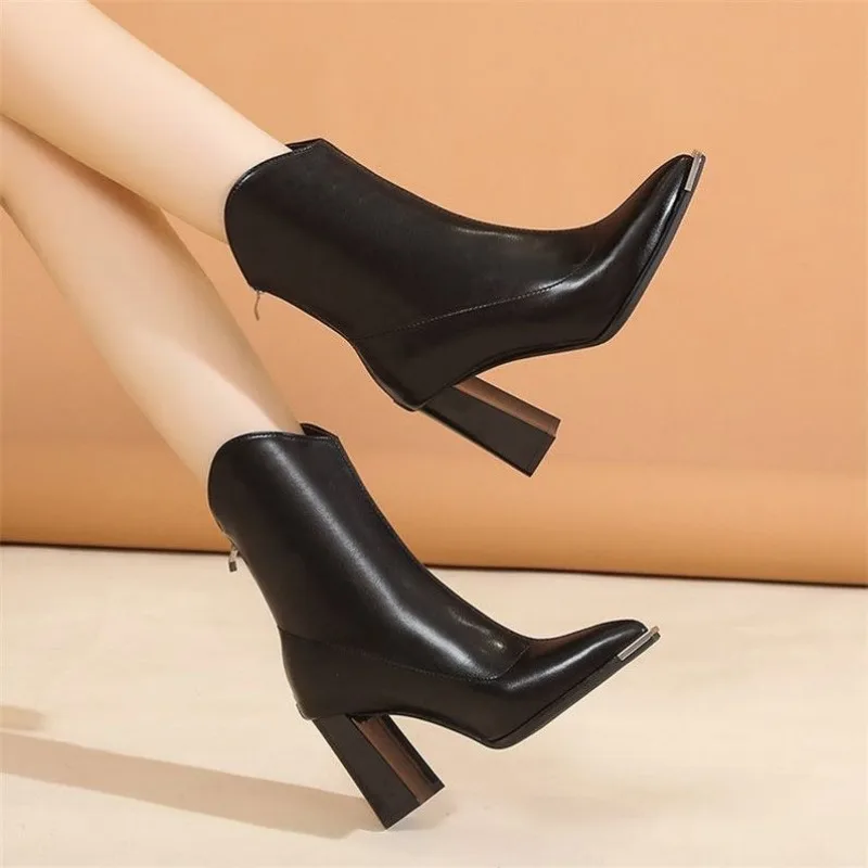 Shoes for Women 2023 High Quality Winter Women\'s Boots Fashion Pointed Toe Lady High Heel Ankle Boots Platform Brown Short Boots