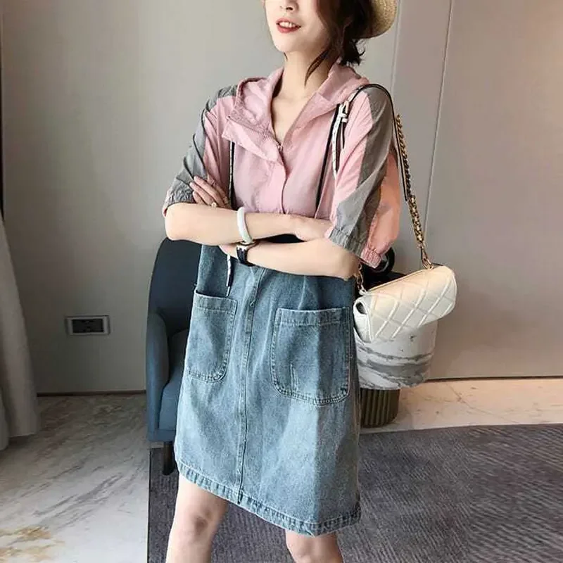 

Women's Clothing Midi Dress Patchwork Summer Pockets Casual Hooded Zipper Stylish Drawstring Basic Straight Loose Dresses E7580