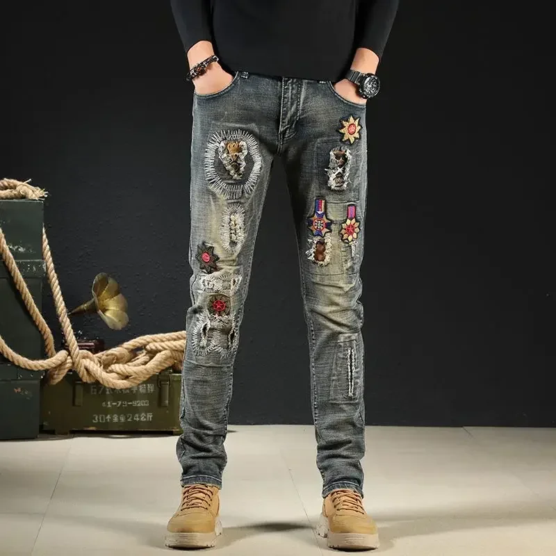 

Male Cowboy Pants Trousers Punk Embroidery Motorcycle Jeans for Men Washed Y2k Streetwear Kpop Clothes 2000s High Quality Summer