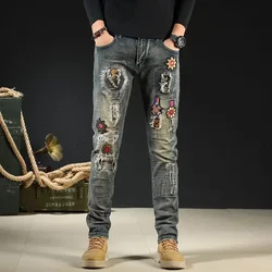 Male Cowboy Pants Trousers Punk Embroidery Motorcycle Jeans for Men Washed Y2k Streetwear Kpop Clothes 2000s High Quality Summer