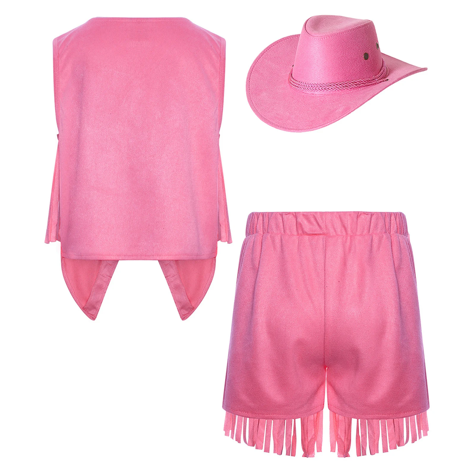 Kids Girls Boys 3Pieces Cowgirl Cowboy Costume Sleeveless Irregular Hem Press Buttons Faux Suede Fringe Vest+Shorts+Hat Set view 3