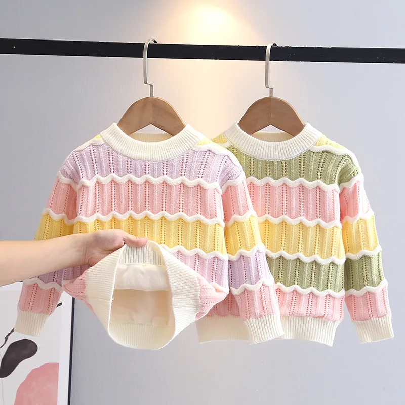 

Autumn Winter Girls Warmth Knitted Sweater Rainbow Long Sleeved Tops Thicken Pullover New Fashion 7 To 12 Years Children Clothes