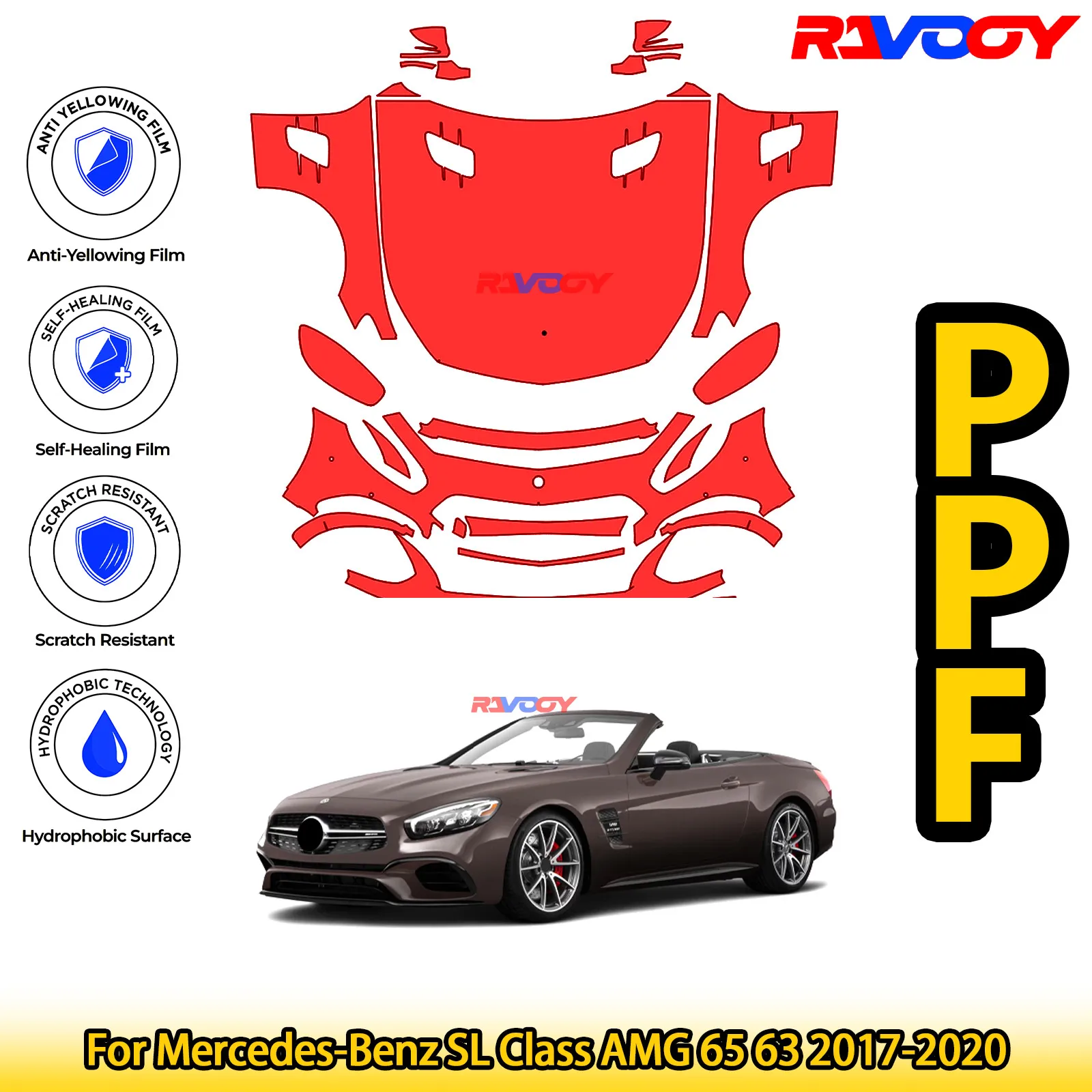 

Для Mercedes-Benz SL Class AMG 65 63, 2017-2020, глянцевая матовая черная предварительно вырезанная передняя защитная пленка PPF, комплект