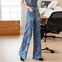 Hollow Out Floral Lace Patchwork Girls See-Through Jeans Fashion Womens High Waisted Y2K Wide Leg Pants 2024 Cargo Trousers Soft