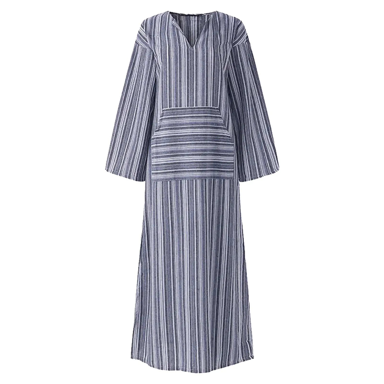 

Women Shirt Dress Loose Summer Long And Yarn-Dyed Fashion Dresses Striped Cotton Linen Long Sleeve V Neck Boho Maxi Dress Spring