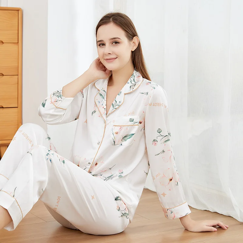 

Women Nightwear 2PCS Sleep Suit Spring Print Pajamas Sexy Home Clothes Lounge Wear Satin Sleepwear 2021 New Intimate Lingerie