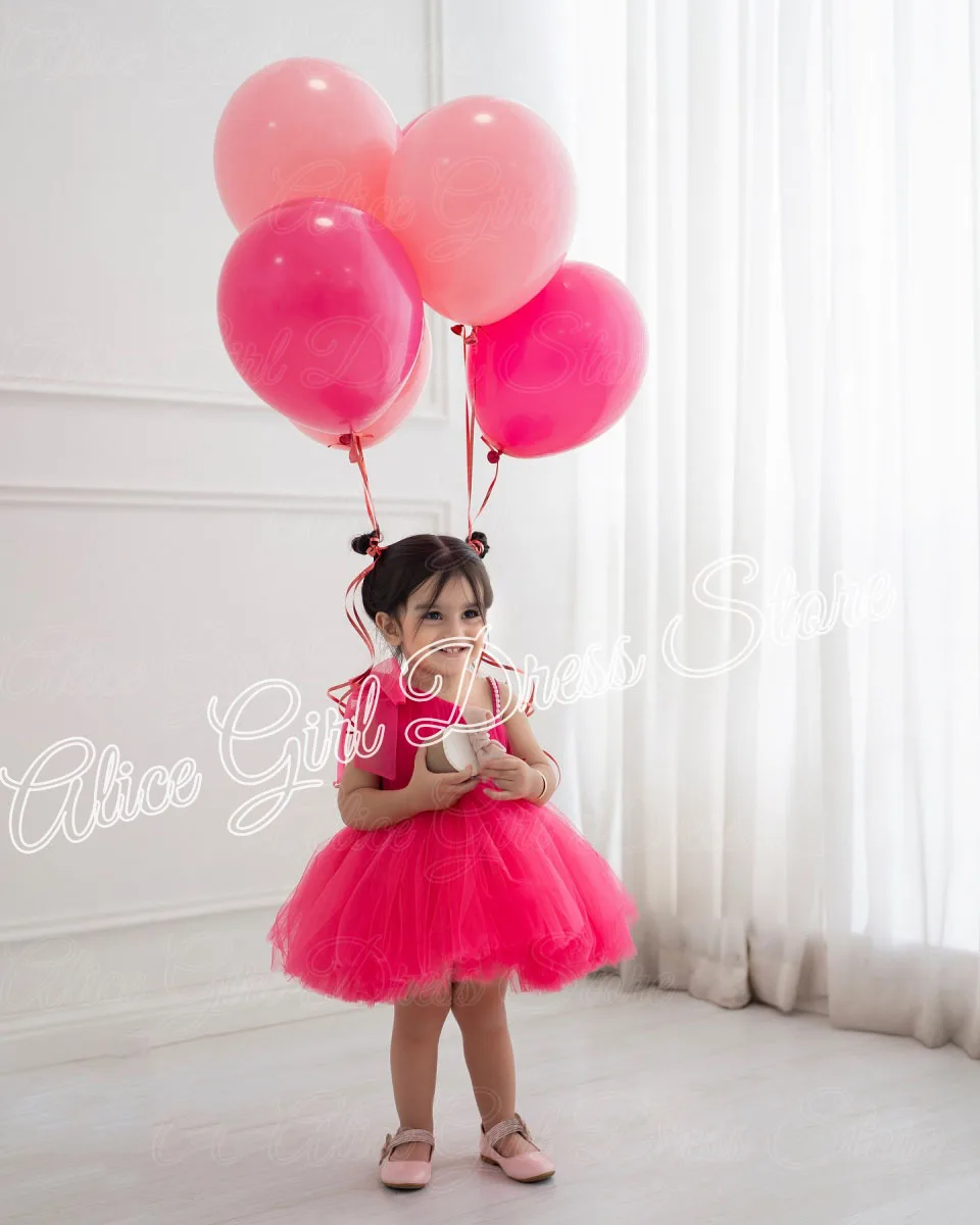 Customized Fuchsia Tulle Flower Girl Dress for Wedding with Bow Knee Length Girl Birthday Gowns Lovely First Communion Gown