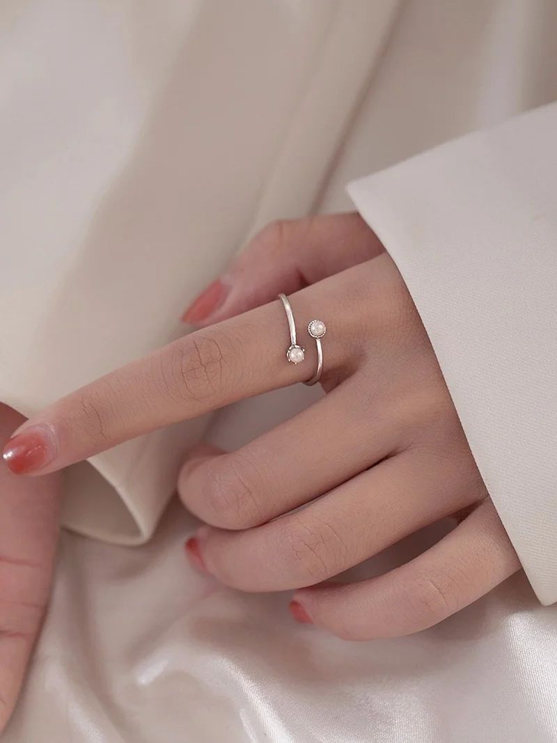 CIAXY Silver Color Pearl Rings for Women Open Adjustable Ring French Luxury Retro Jewelry Party Gift