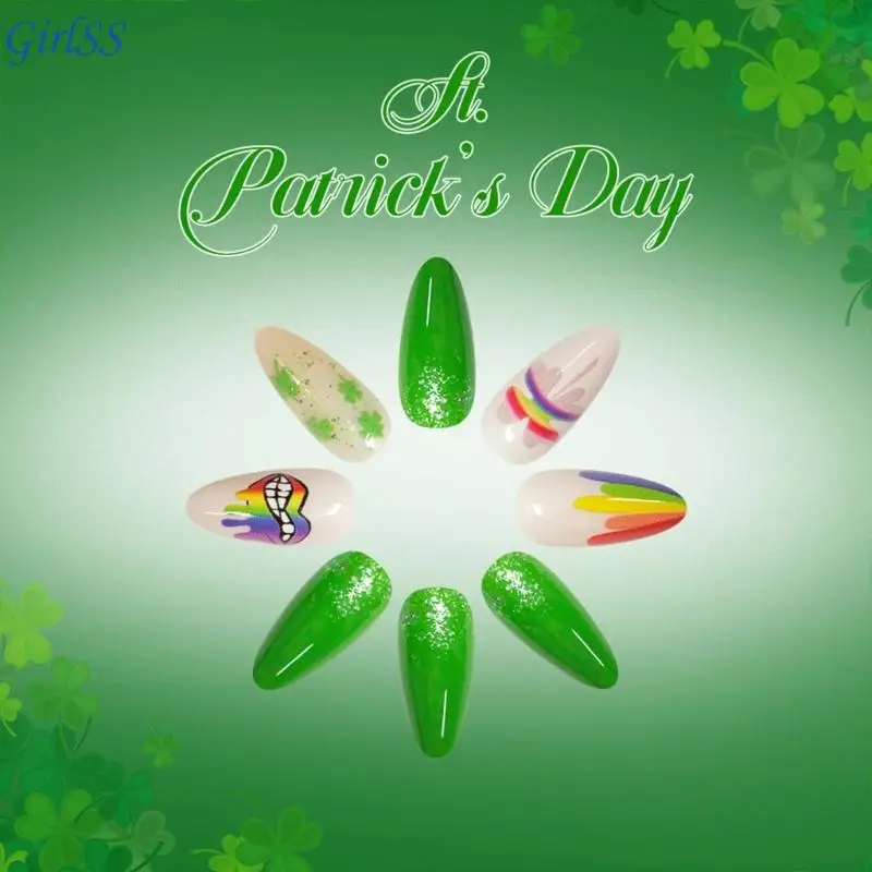 24 ชิ้น Glitters กดบนเล็บสีเขียว Four Clovers ออกแบบสำหรับ StPatricks ฉลองวันเพิ่ม Sparkles และ Luck T4MB