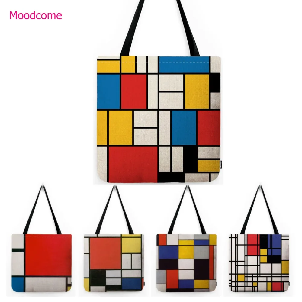 Fashion Modern Art Red Blue Yellow Geometric Lines Piet Mondrian Oil Painting Water Resistant Linen Shopper Bag Large Tote Bag