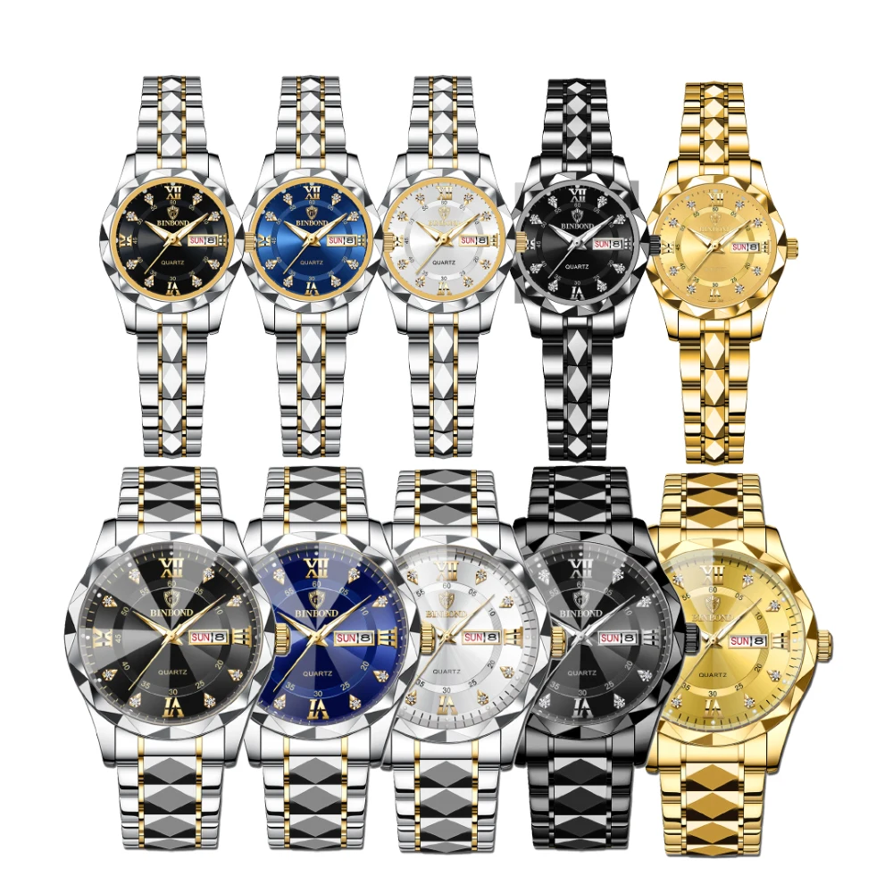 BINBOND Luxury Couple Watches Fashion Rhombus Mirror His and Her Watch Waterproof Luminous Date Week Original Quartz Wristwatch