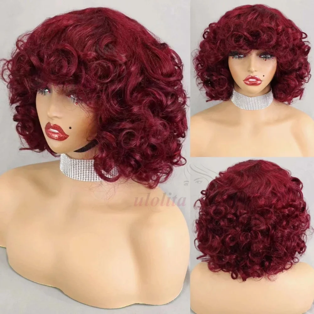Burgund 99J #   Bouncy Curly Bob Echthaar-Perücken mit Pony, maschinell hergestellt, lose Bouncy Rose Curly Perücke, rohes Remy-Haar für schwarze Frauen