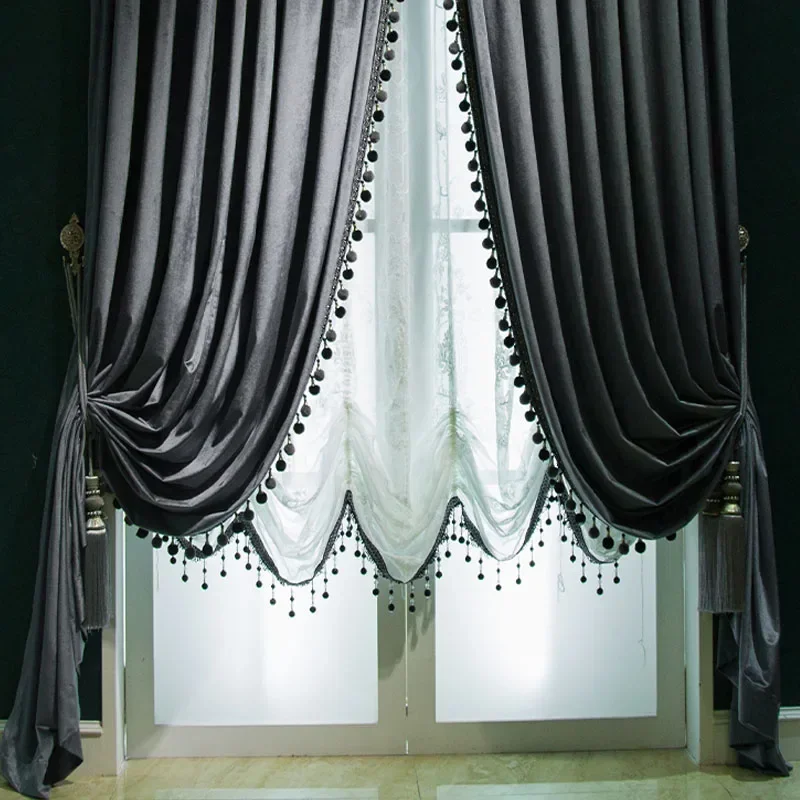 

Custom Thicken Shading Solid Grey Curtains for Living High Quality Luxury Italy Dark Black Velvet Blackout Bedroom Window Tulle