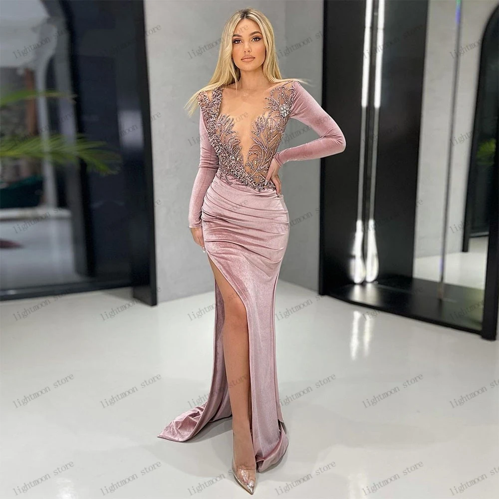

Customized Evening Dresses Modern Prom Dress Sexy Ball Gowns Deep V-Neck High Split Robes Lace Appliques Vestidos De Gala 2024