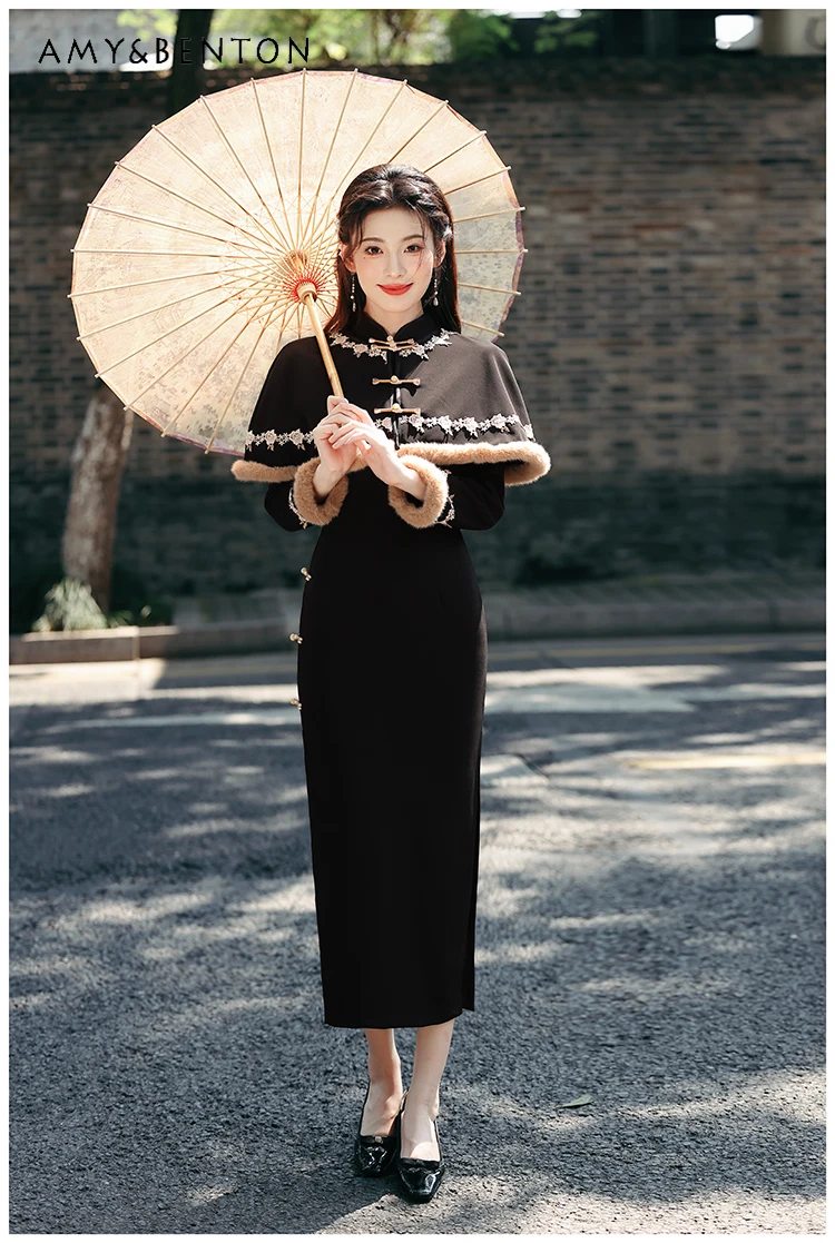 

Winter New Chinese Style Women's Black Stand Collar Button Flower Embroidery Slim Fit Waist Split Cheongsam Short Shawl