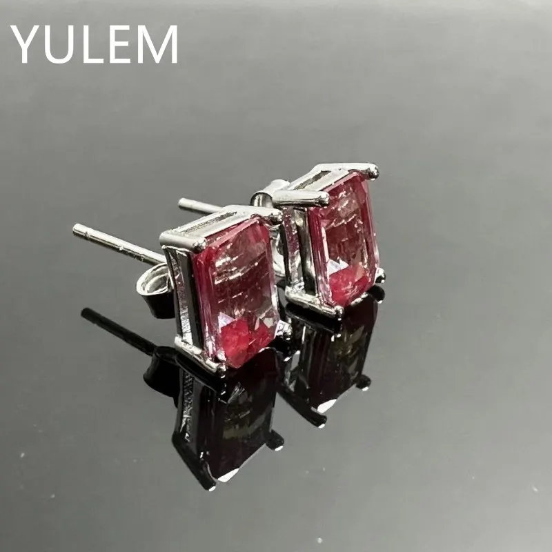 YULEM Lab Created Alexandrite Stud Earrings 5x7mm Emerald Cut Gemstone 925 Sterling Silver Fine Jewelry For Women J