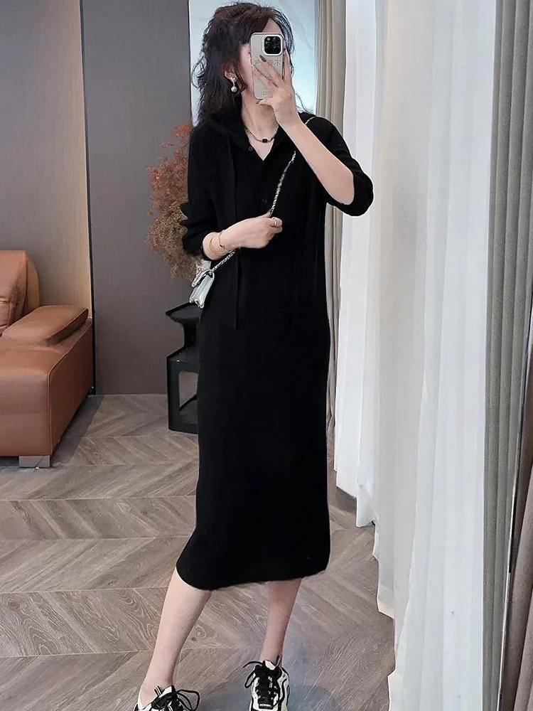 Faionable tricoté à capuche Dr femmes ample longue Sve Dres décontracté Sle Stand Fit a-ligne jupes v-ne vêtements d'automne