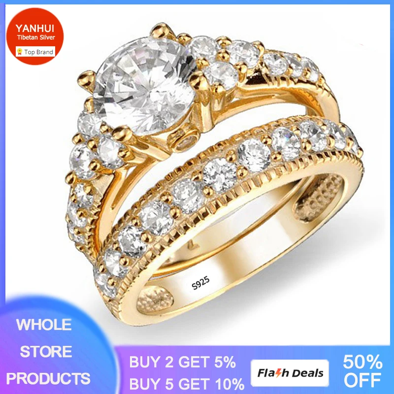 YANHUI Proprietary Design Luxury Fine Gold Color Rings Set for Women High Quality Round 2ct Zircon Wedding Band Fashion Jewelry