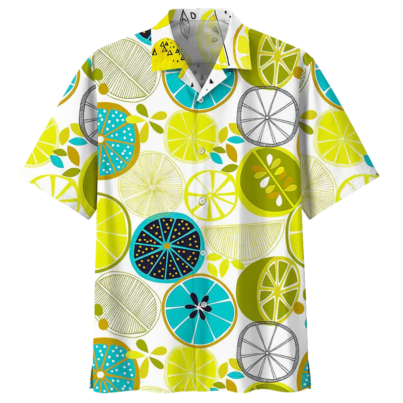 Lemon Pattern Aloha Shirts Men 3D Printed Tropical Fruits Short Sleeve Button Blouse Streetwear Oversized Lapel Hawaiian Shirt