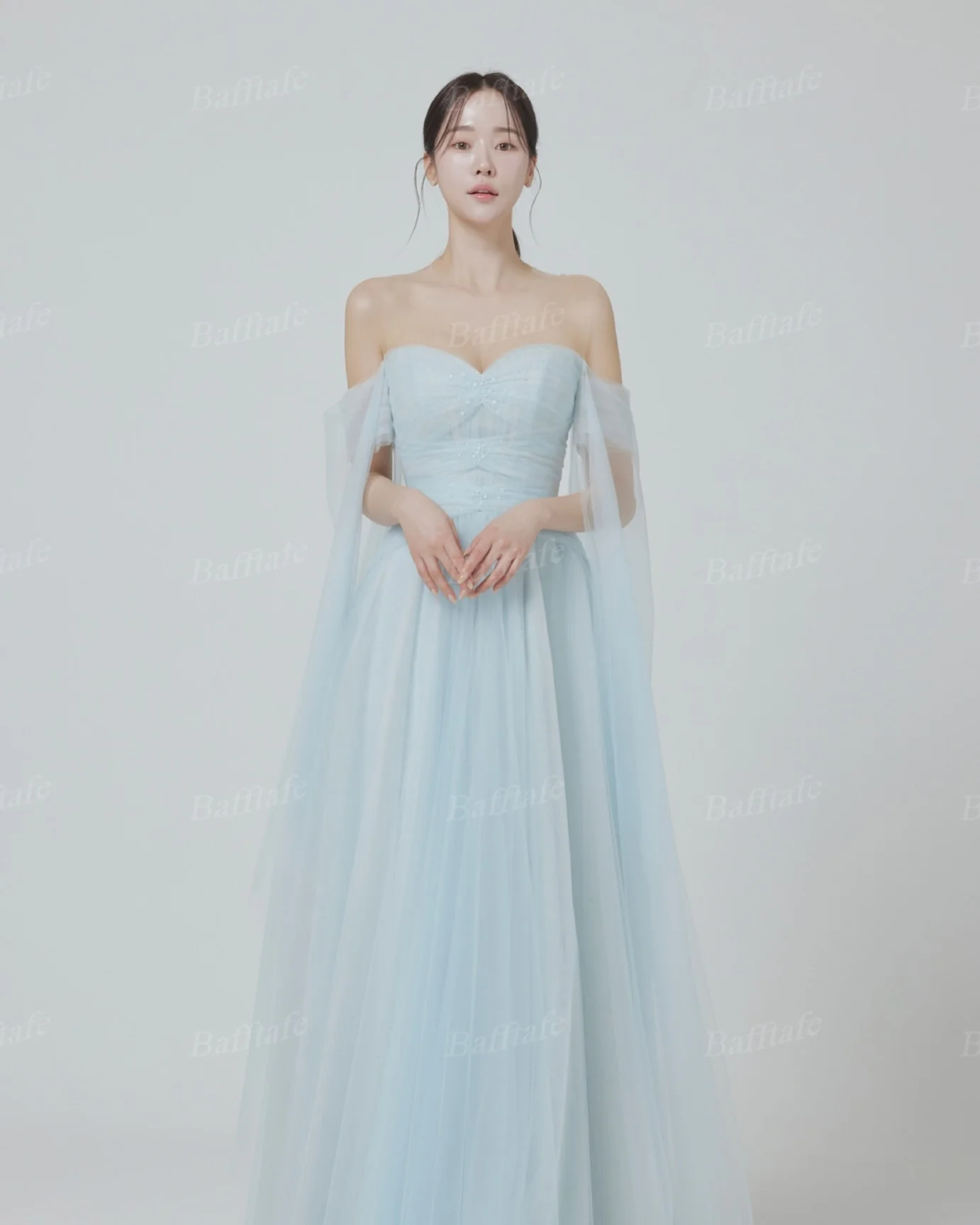 Customized Light Blue Tulle Korea Prom Party Dresses For Women Beaded Pleated Long Formal Event Special Occasion Evening Dress