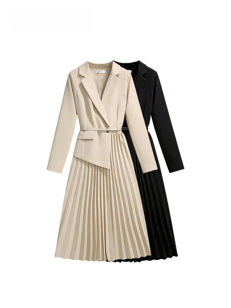 

Платье-костюм большого размера с длинным рукавом для женщин, весеннее, А-силуэт, миди, с высокой талией, плиссированное, из полиэстера