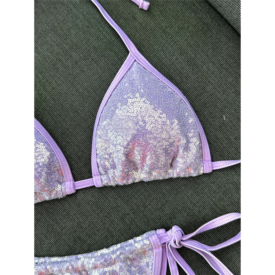 Pailletten-Bikini mit Neckholder, Damen-Badeanzug, zweiteiliges Bikini-Set, hoch geschnittene Beine, gepolsterter Badeanzug, Badebekleidung, Modell V8302. – Detail 4
