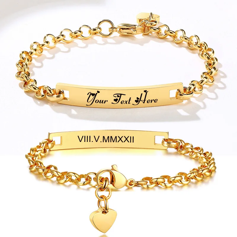 Engraved Name Bar Bracelet Personalized, Gold Plated Stainless Steel Heart Chain, Custom Gift for Women Girlfriend  Mom Wife