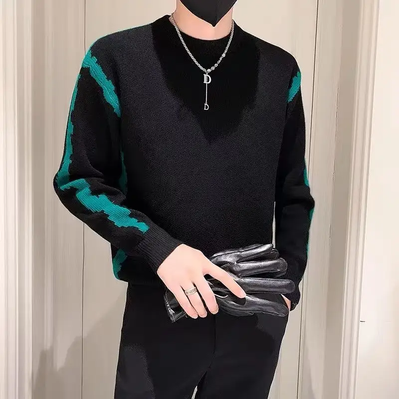 Korean Slim Striped Patchwork Sweater Men's Autumn Winter Fashion Printed Long Sleeved Round Neck Knitted Pullover Bottom Tops