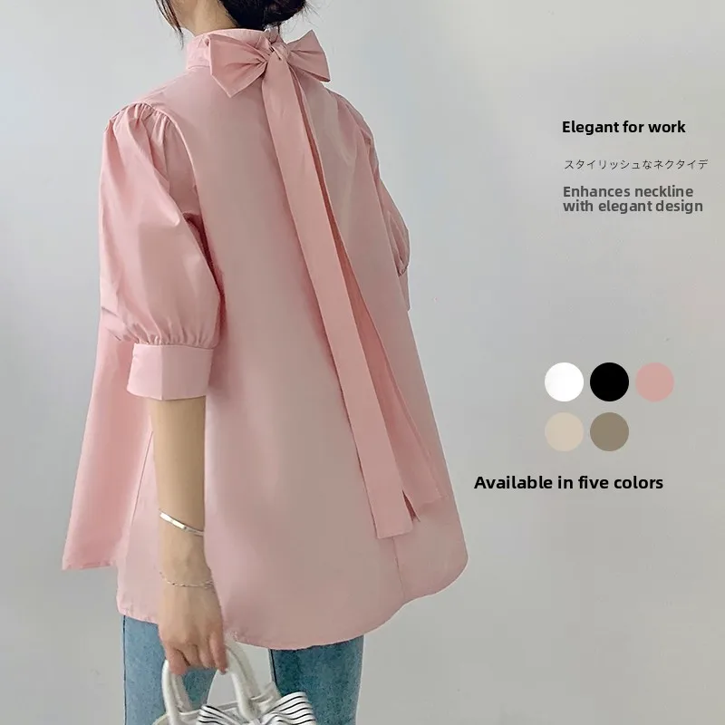LeTian Summer Thin Lantern ort Sve Knot Belted Stand Collar irt Women's Faion Premium Dr