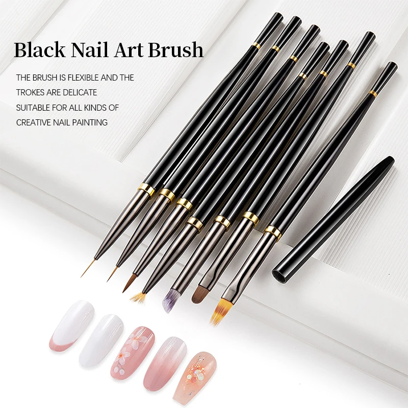 Black Nail Art Brushes Liner Painting Gradient Brush 6/7/9/10/12/13mm Multi-function Tool For Manicure Acrylic UV Gel Extension