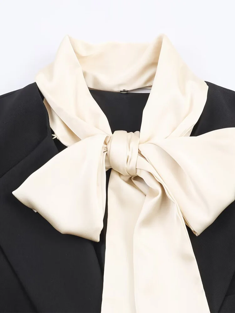 Giacca blazer doppiopetto a maniche lunghe versatile moda donna nuovo arrivo in stile europeo con sciarpa a contrasto.