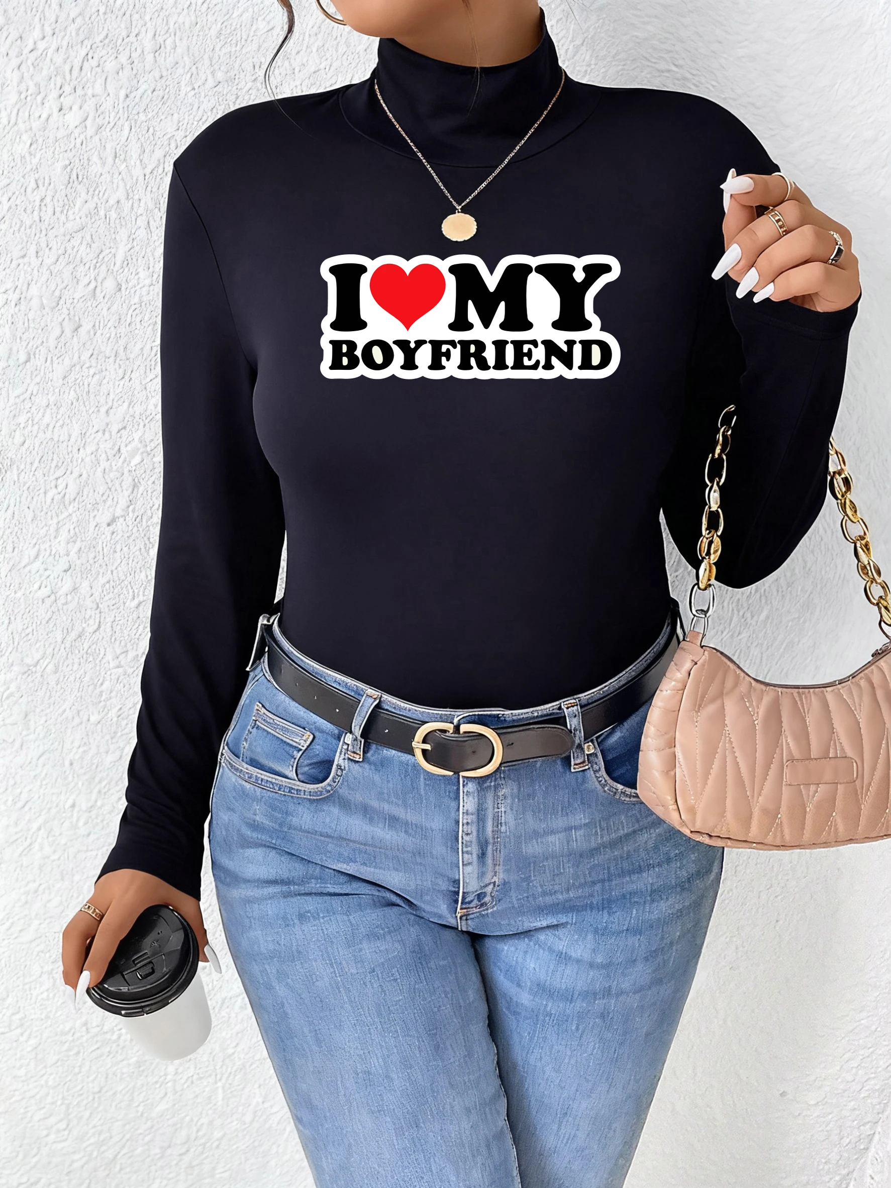 أنا أحب صديقي نمط الأساسية قميص المرأة الخريف لينة تي شيرت الصوف مريحة طويلة الأكمام Y2K نصف الرقبة العالية الملابس