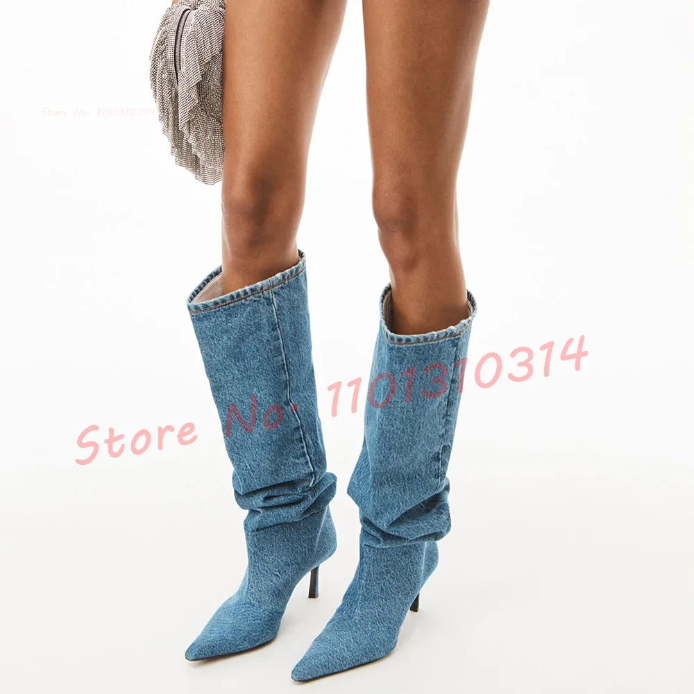 

Denim Pleated Long Tube Boots Design For Women Slouchy Pointy Cowboy Heeled Shoes Winter Trend New In Streetwear Knee High Boots