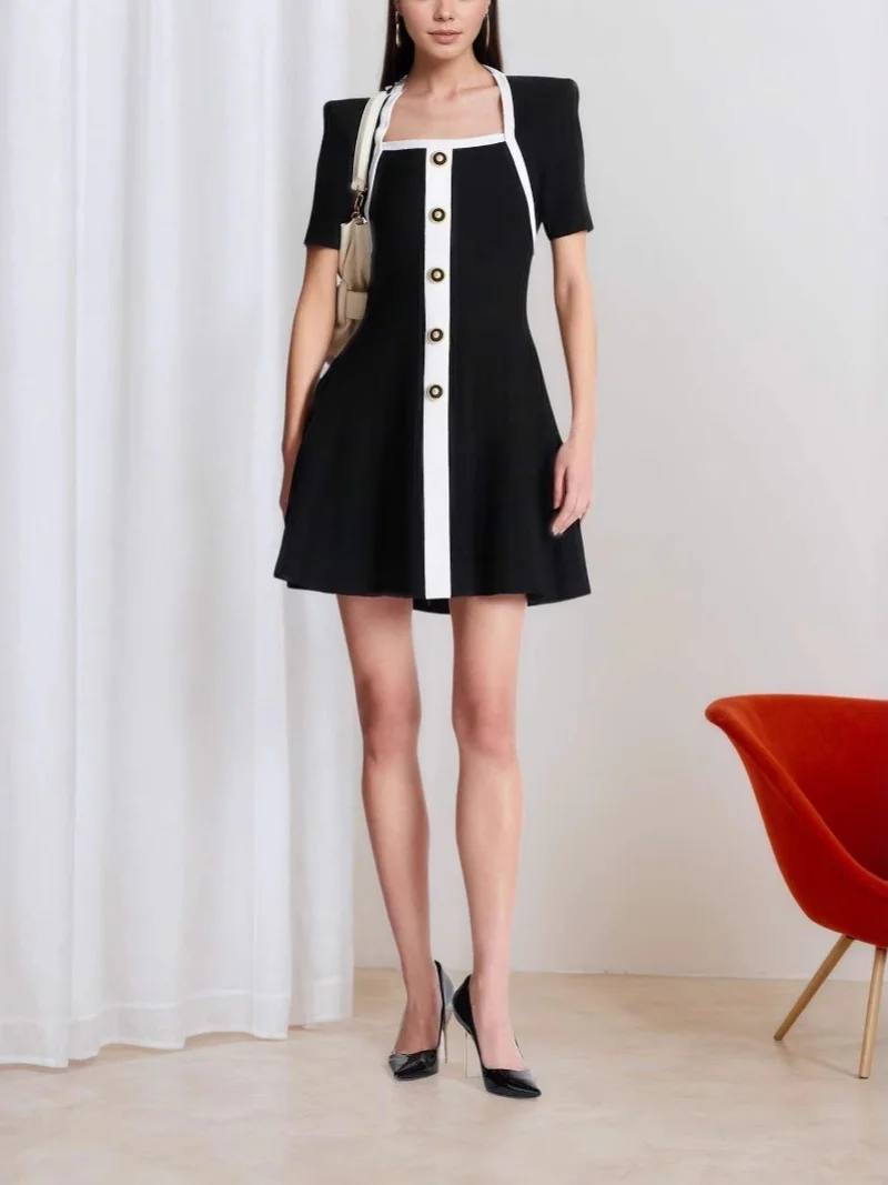 فستان قصير أنيق على طراز OL ملابس صيفية للنساء بأكمام قصيرة وياقة مربعة فساتين مرقعة للحفلات المسائية والنوادي