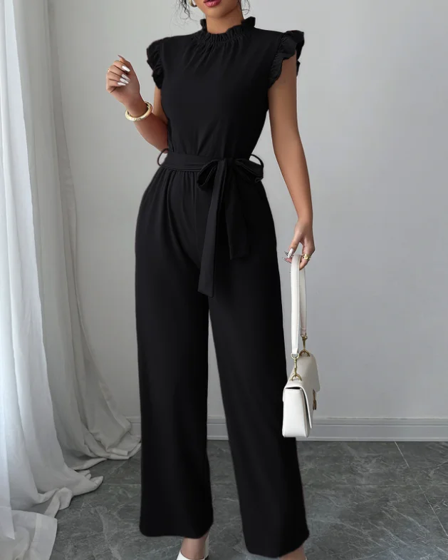 Simple and stylish flower trimmed waist cinched jumpsuit for summer 2025 new women's clothing