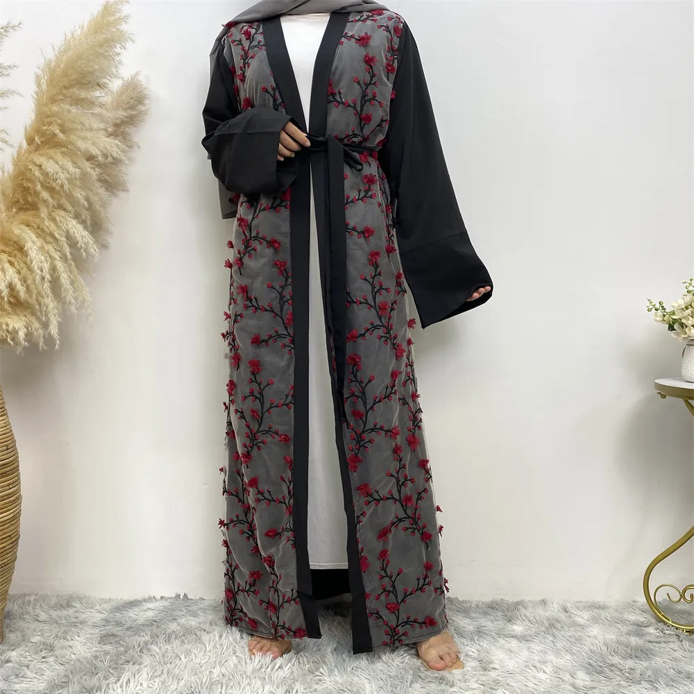 Flower Open Abaya Dubai Turkey Kaftan Women Muslim Embroidery Maxi Dress Eid Fashion Jalabiya Islamic Robe Ramadan Caftan Kimono