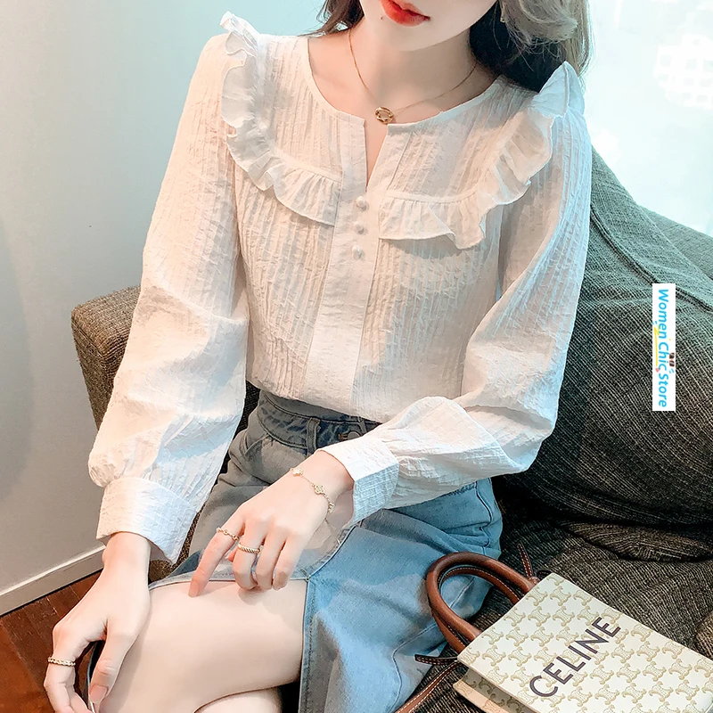 

Women Tops Ruffles Spliced Long Sleeve Loose Fit Casual Korean Style White Shirt Spring Autumn Elegant Sweet Blouse Camisas 6370